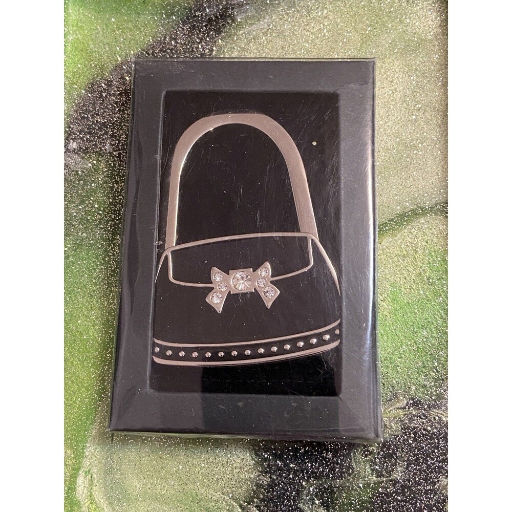 Purse Hook Hanger Table Edge Black Handbag Silver Bow Rhinestones NIB Decorative